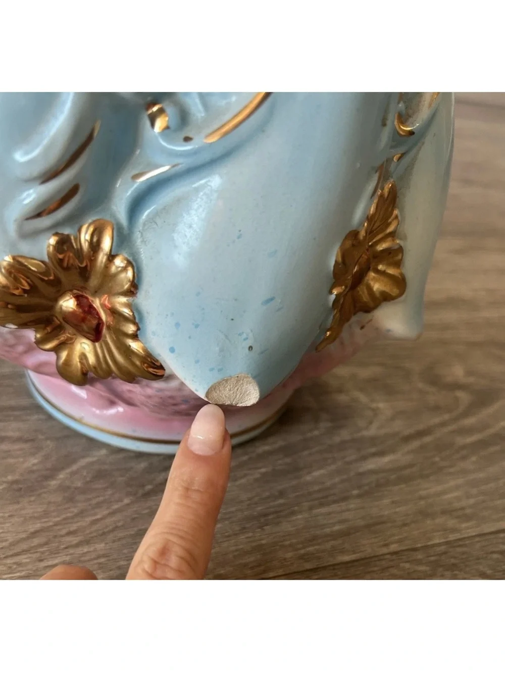 Vintage Italian Hand Painted Ceramic Vase Pink Blue Gold Gilt 12.5”